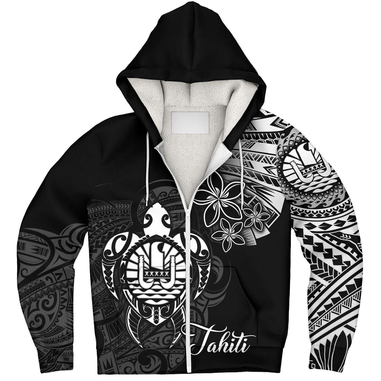 French Polynesia Custom Personalised Sherpa Hoodie Seal Turtle Plumeria Tribal Patterns
