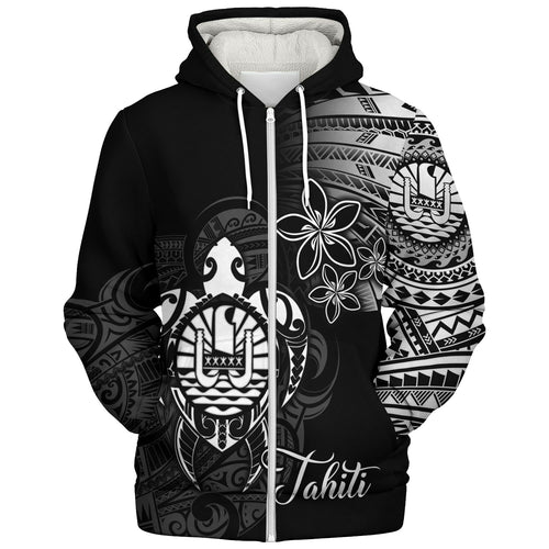 French Polynesia Custom Personalised Sherpa Hoodie Seal Turtle Plumeria Tribal Patterns