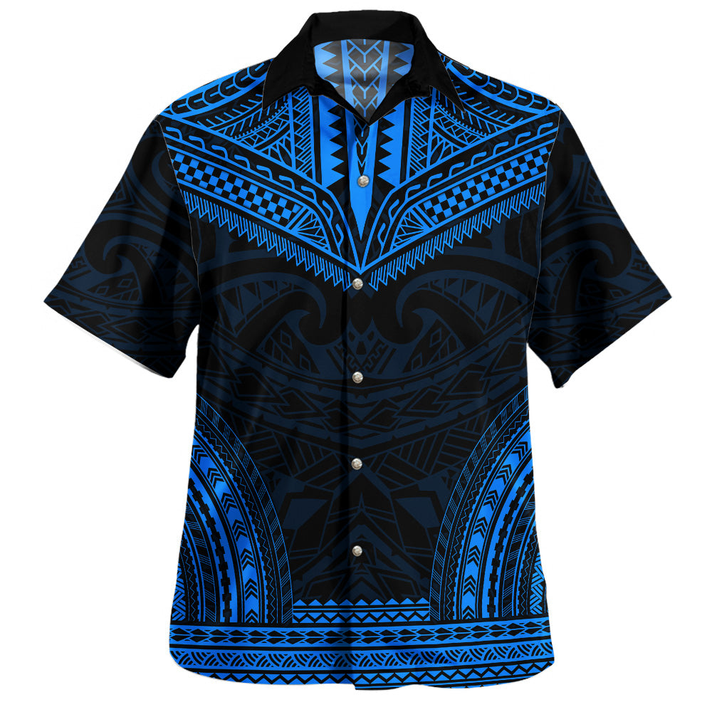 Custom Brocade Shirt Polynesian Chief Tattoo Blue