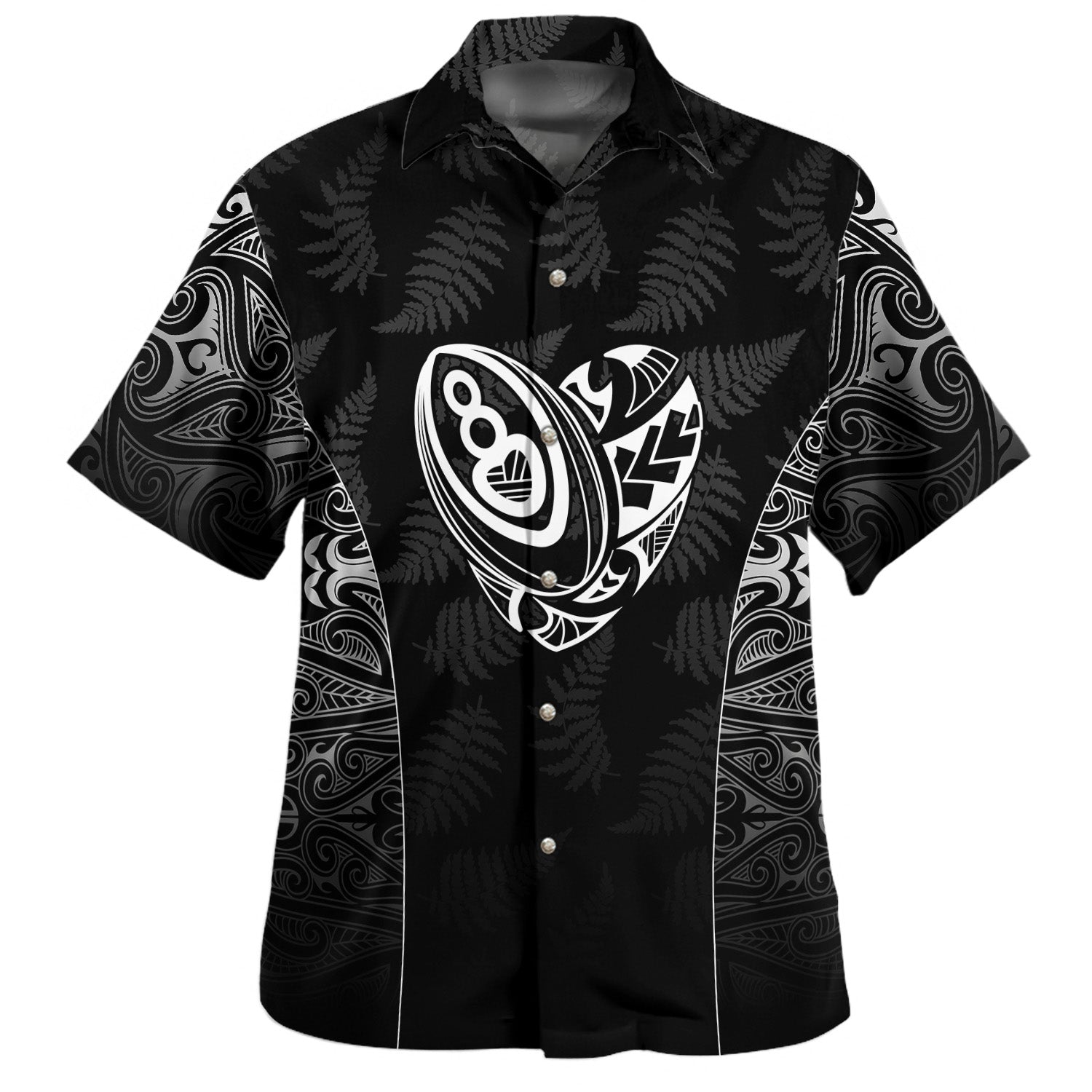New Zealand Personalized Hawaiian Shirt Rugby Heart Maori Style Silver Fern