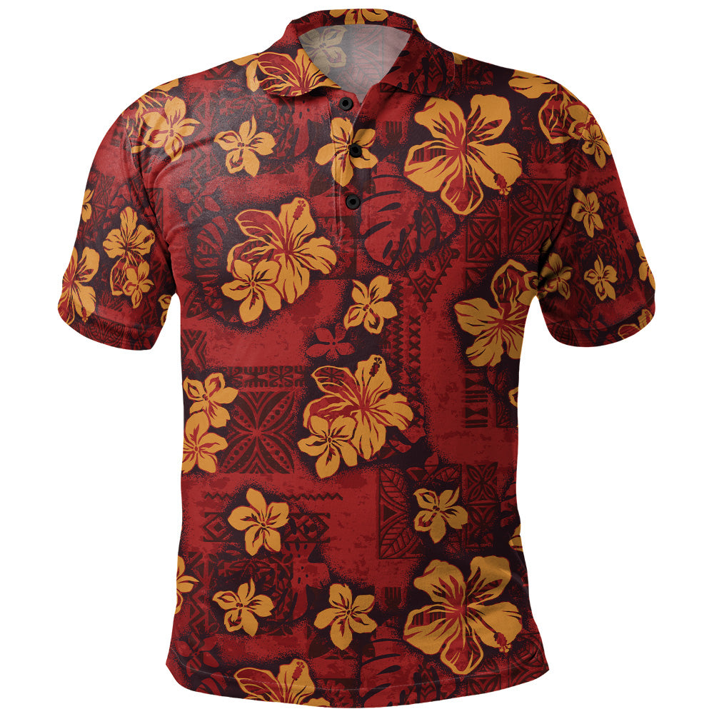 Hawaii Polo Shirt Polynesian Tribal And Hibiscus Vintage Red Gold