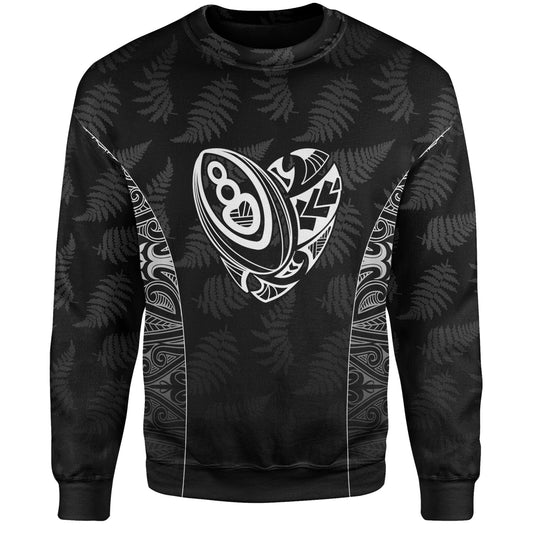 New Zealand Personalized Sweatshirt Rugby Heart Maori Style Silver Fern