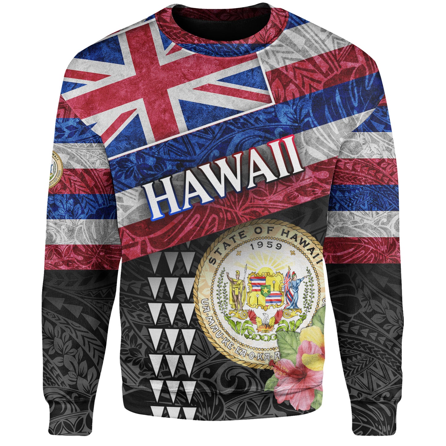 Hawaii Sweatshirt Hawaiian Flag Polynesian Tribal Hibiscus Style