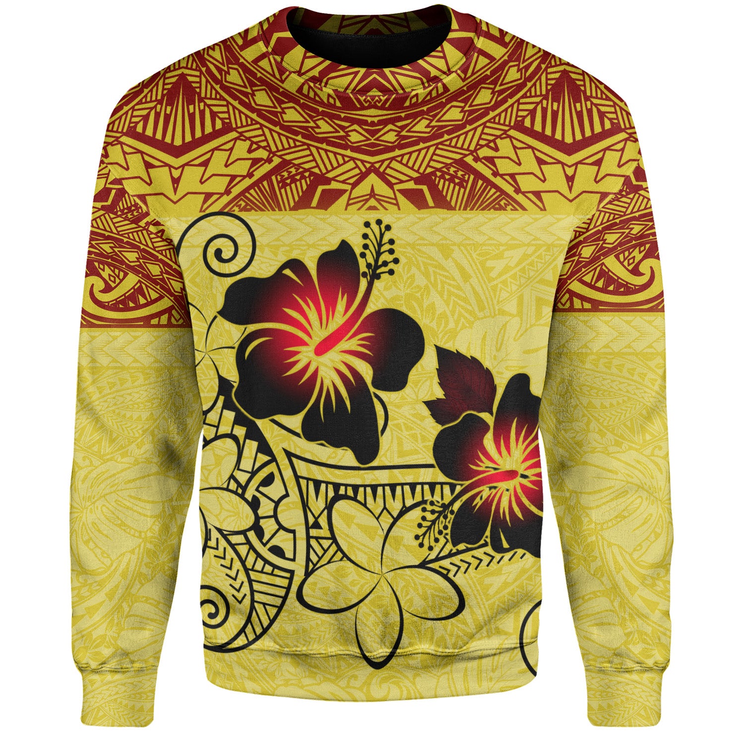 Hawaii Sweatshirt Polynesian Tribal Patterns Hibiscus Flowers Yellow Color