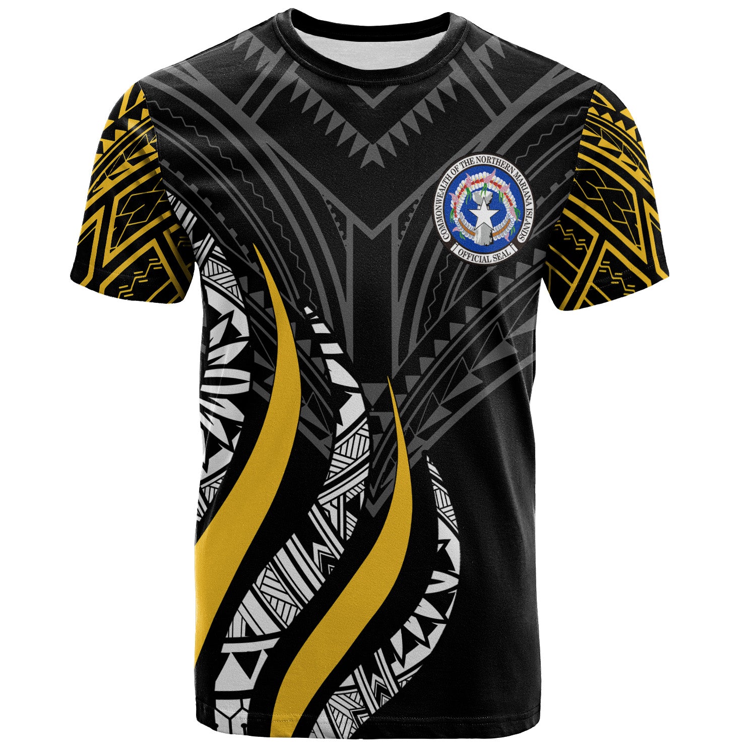 Northern Mariana Islands Custom Personalised T-Shirt - CNMI Strong Fire Pattern Gold