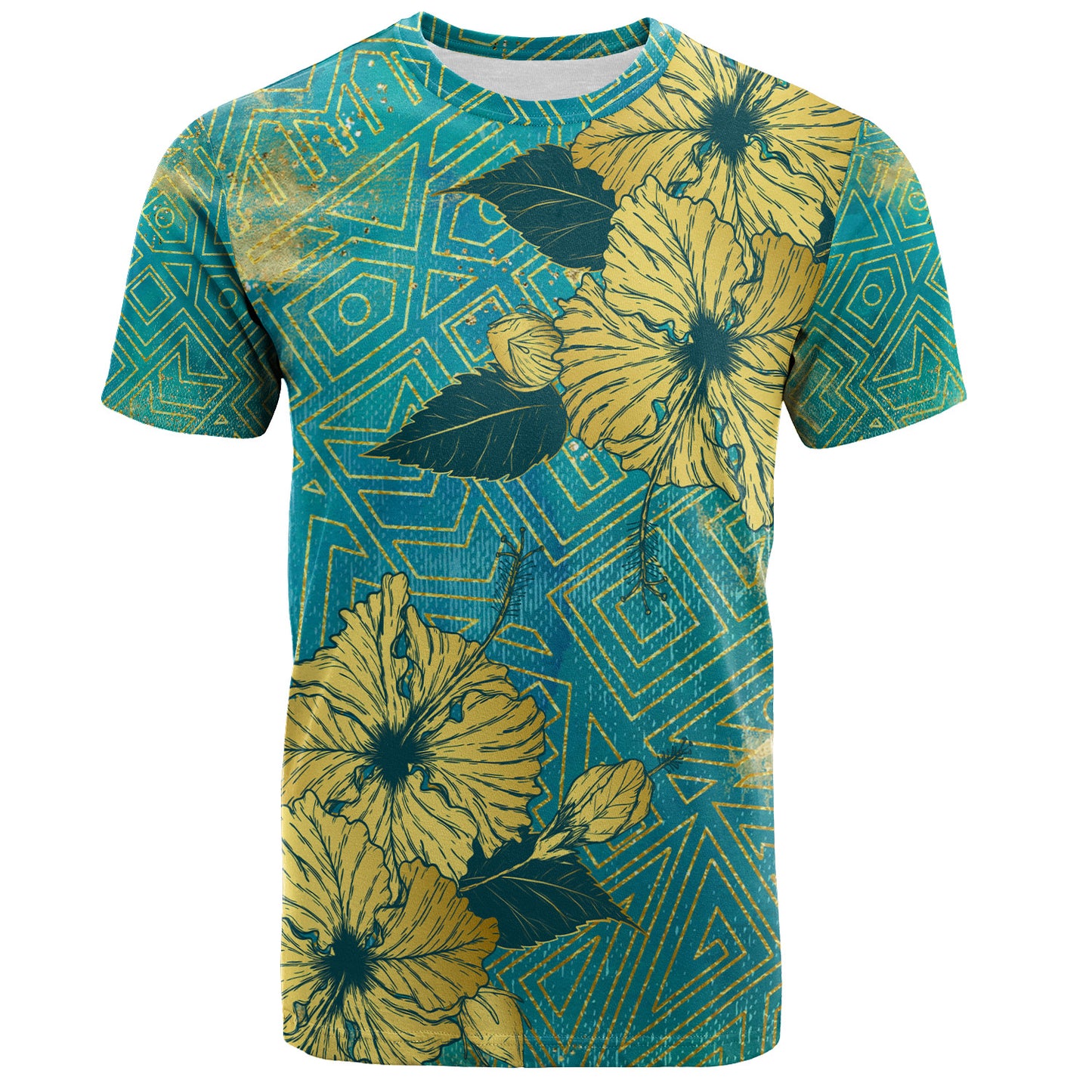Hawaii T-Shirt Golden Hibiscus Turquoise Color Tribal Pattern
