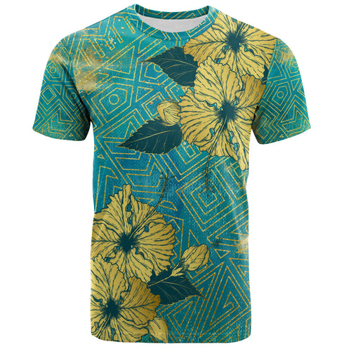 Hawaii T-Shirt Golden Hibiscus Turquoise Color Tribal Pattern
