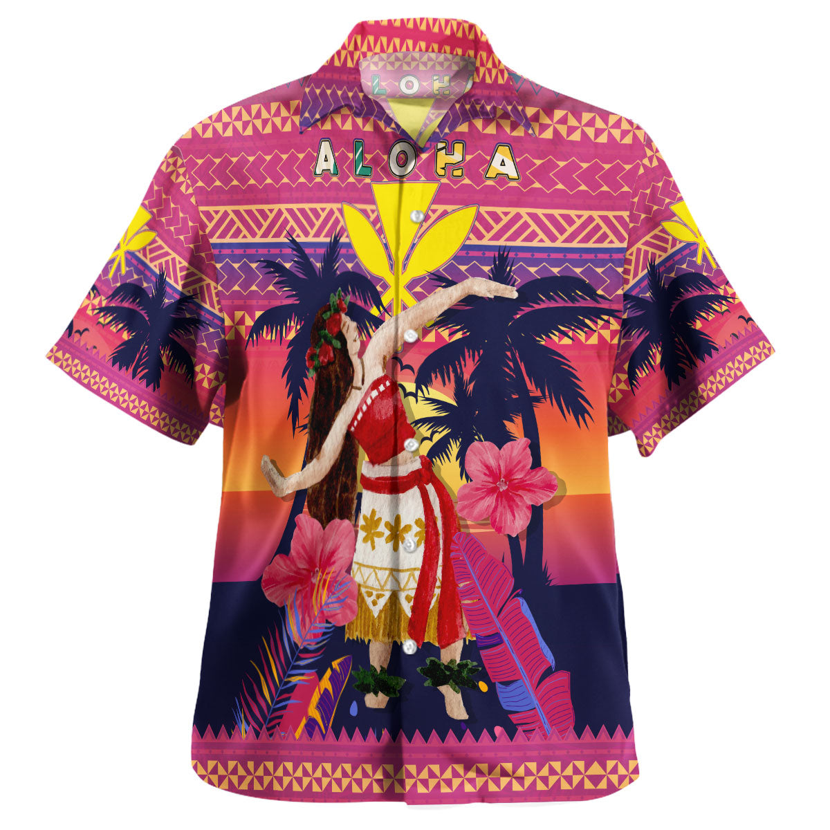 Hawaii Polynesian Combo Dress And Hawaiian Shirt - Aloha Hula Girl Dancing In Tropical Palm Trees At Sunset Kakau Style