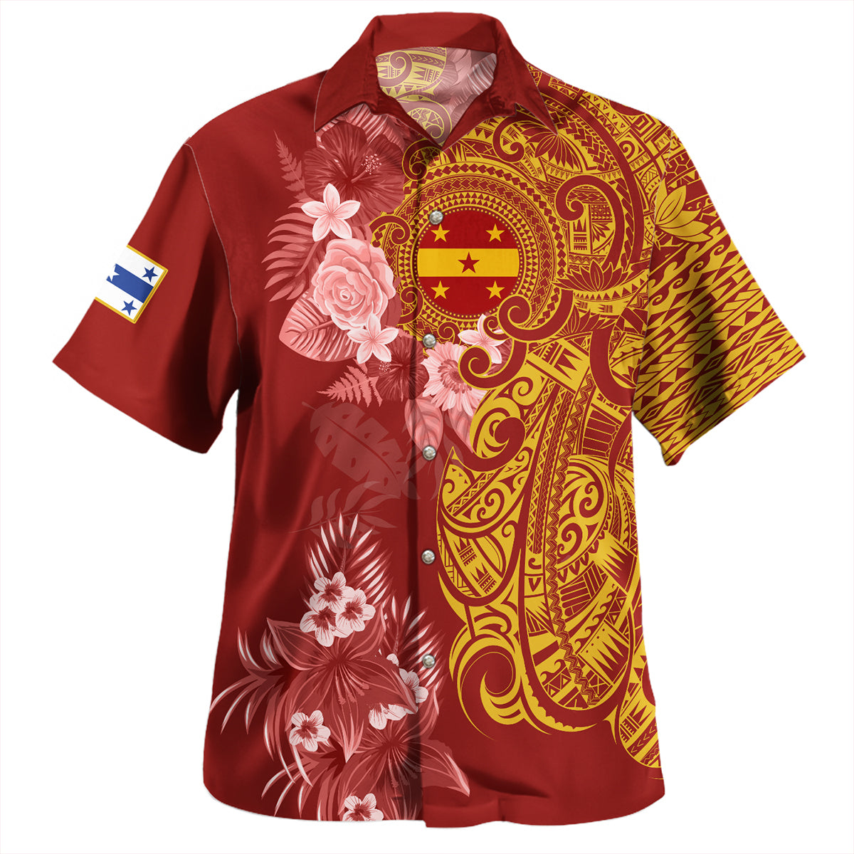 Gambier Islands Combo Puletasi And Shirt Polynesian Tropical Plumeria Tribal Red