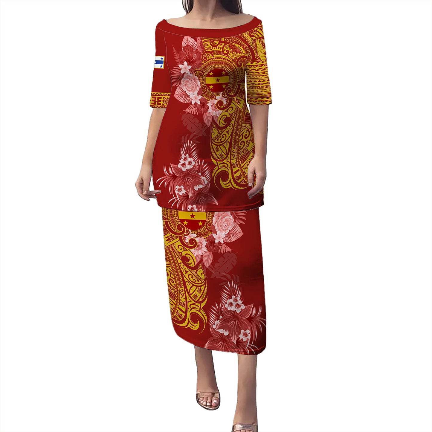 Gambier Islands Combo Puletasi And Shirt Polynesian Tropical Plumeria Tribal Red