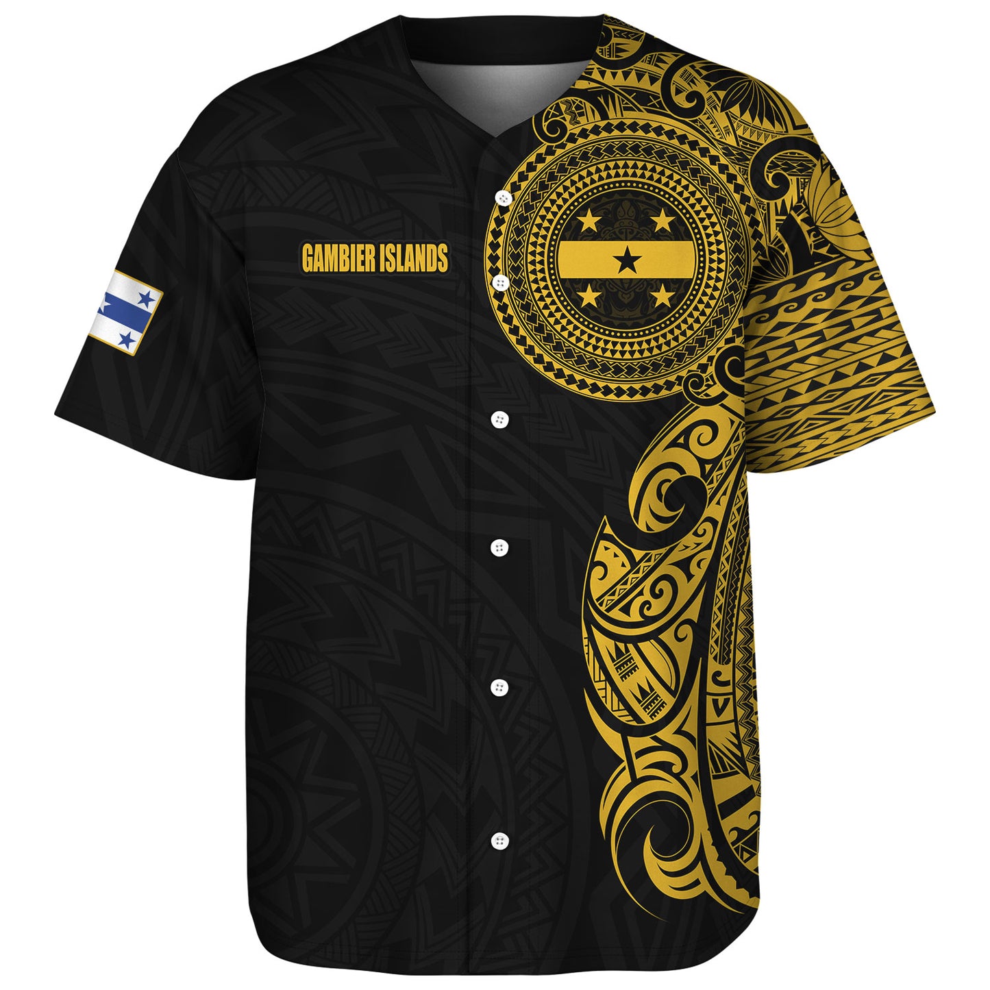 Gambier Islands Baseball Shirt Custom Polynesian Half Sleeve Gold Tattoo With Seal Black