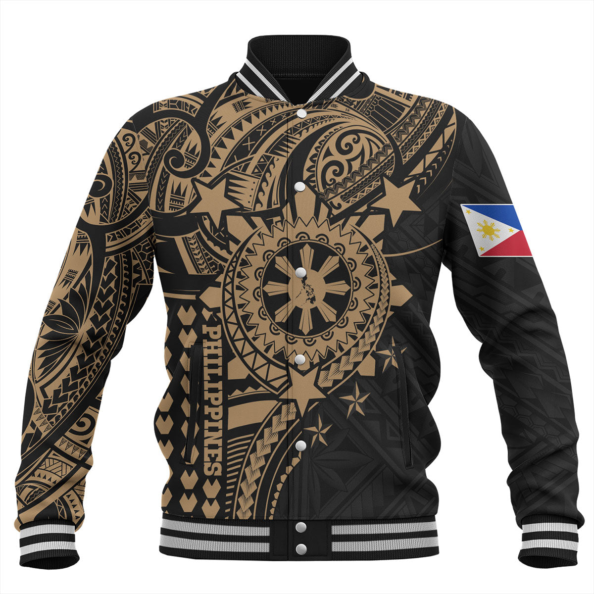 Philippines Filipinos Baseball Jacket - Proud To Be Filipino Tribal Sun Batok Gold Style