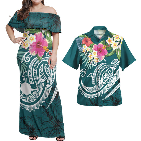 Polynesia Combo Dress And Shirt Summer Plumeria Green
