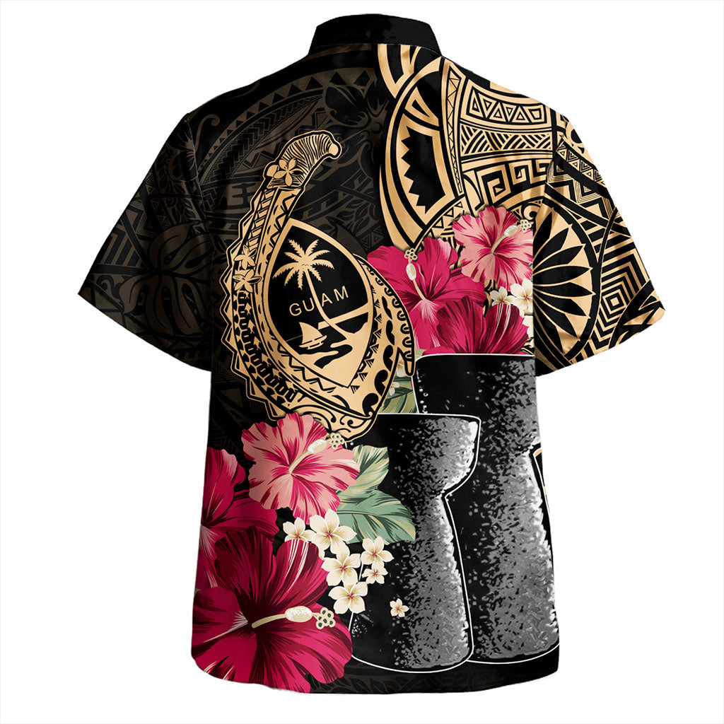 Guam Hawaiian Shirt Black Latte Stone With Hibiscus Flower Tribal