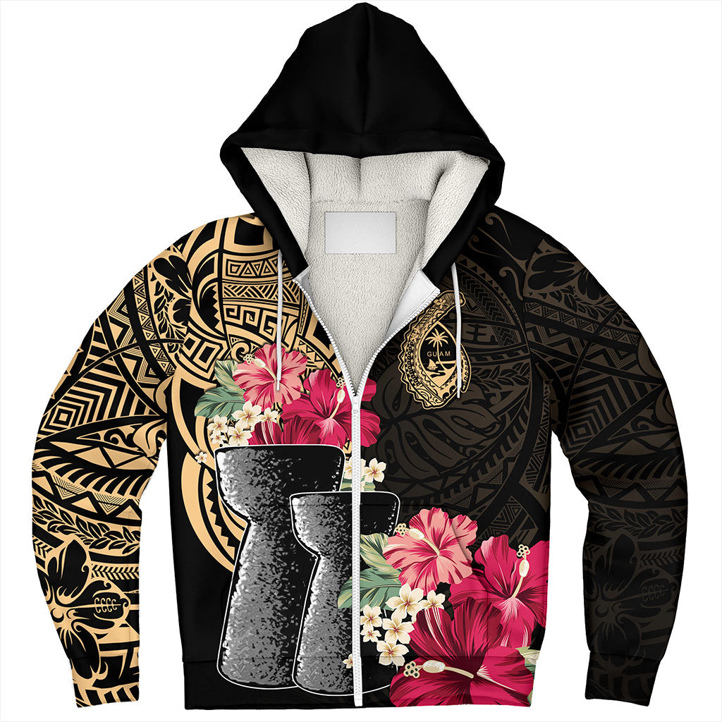 Guam Sherpa Hoodie Black Latte Stone With Hibiscus Flower Tribal