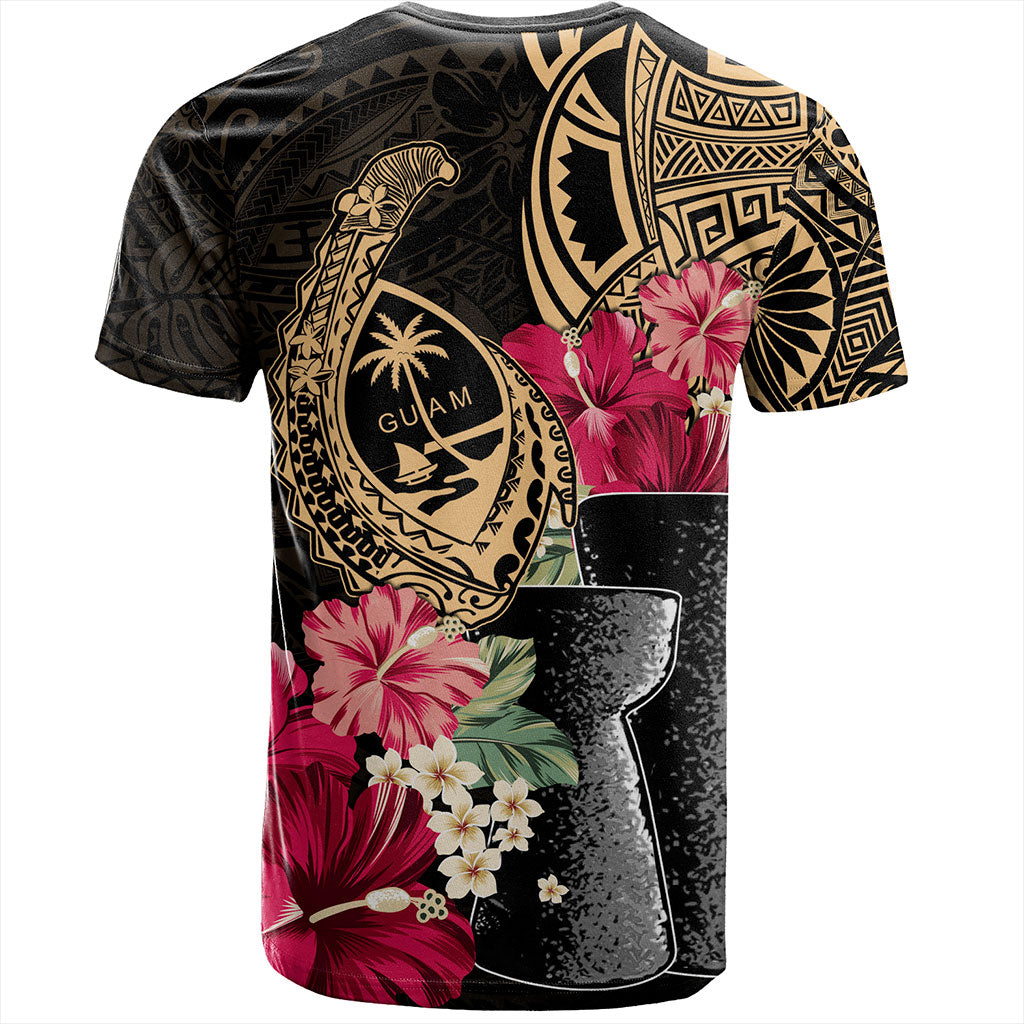 Guam T-Shirt Black Latte Stone With Hibiscus Flower Tribal