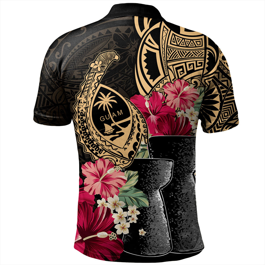 Guam Polo Shirt Black Latte Stone With Hibiscus Flower Tribal