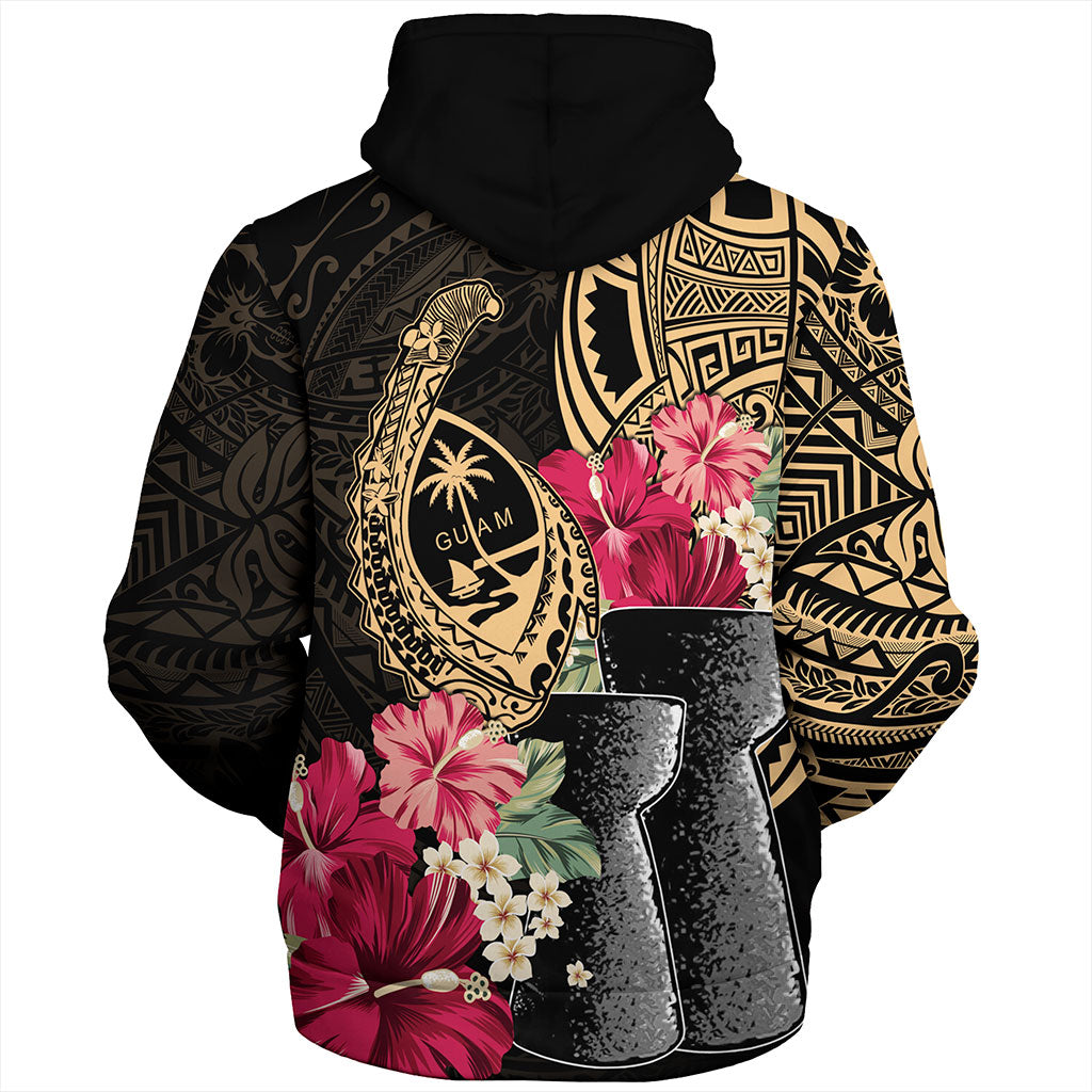 Guam Sherpa Hoodie Black Latte Stone With Hibiscus Flower Tribal