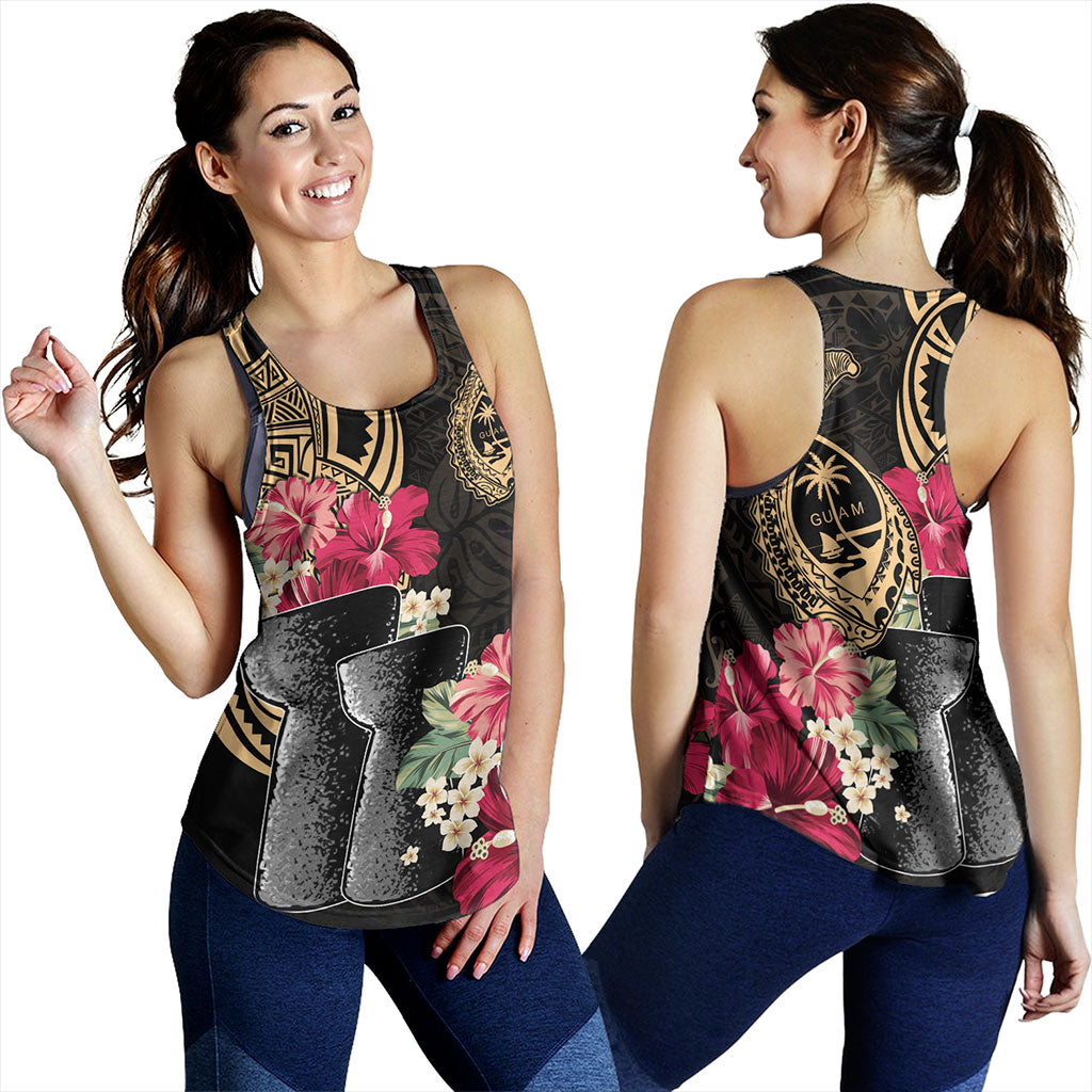 Guam Women Tank Black Latte Stone With Hibiscus Flower Tribal