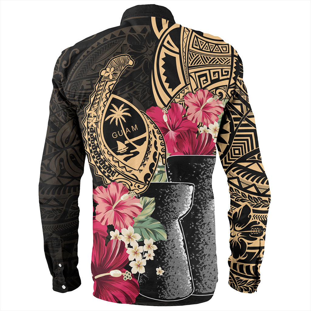 Guam Long Sleeve Shirt Black Latte Stone With Hibiscus Flower Tribal