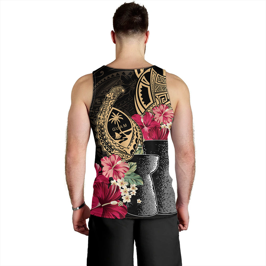 Guam Tank Top Black Latte Stone With Hibiscus Flower Tribal