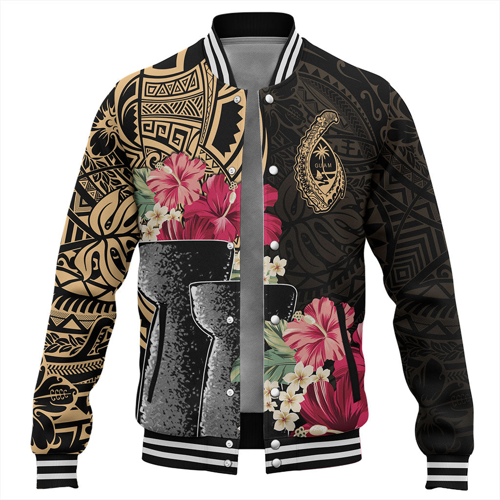 Guam Baseball Jacket Black Latte Stone With Hibiscus Flower Tribal