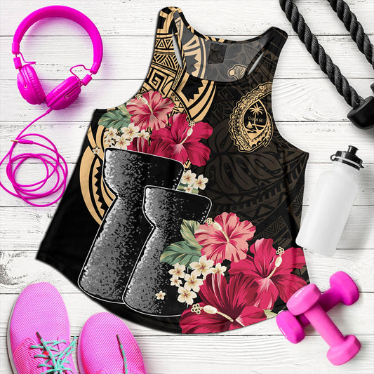 Guam Women Tank Black Latte Stone With Hibiscus Flower Tribal