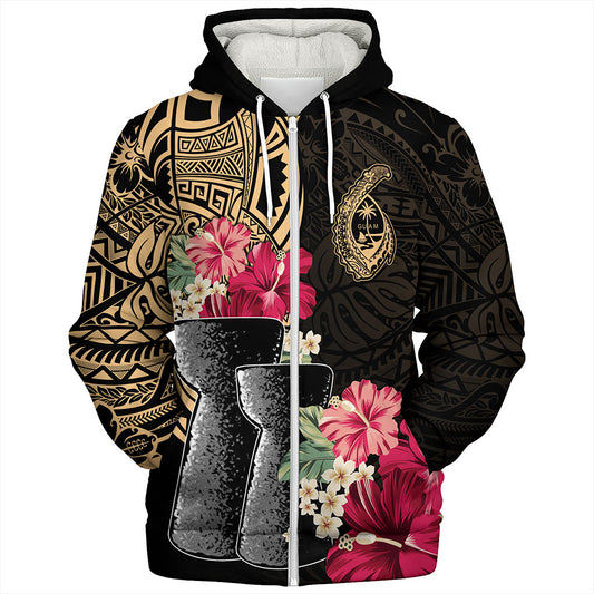 Guam Sherpa Hoodie Black Latte Stone With Hibiscus Flower Tribal