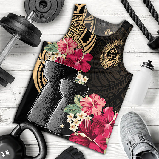 Guam Tank Top Black Latte Stone With Hibiscus Flower Tribal