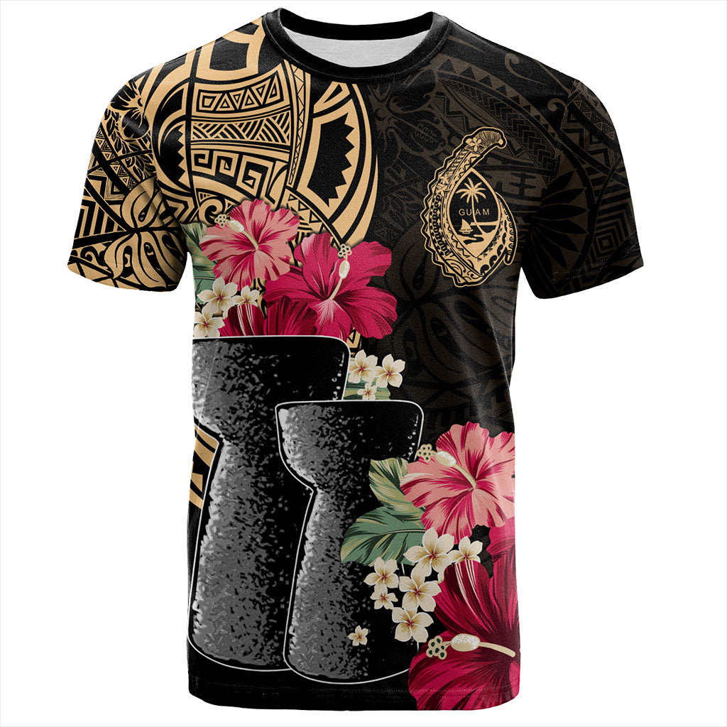 Guam T-Shirt Black Latte Stone With Hibiscus Flower Tribal