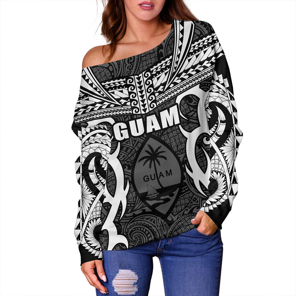Guam Off Shoulder Sweatshirt Coat Of Arms Tribal Tattoo Concept