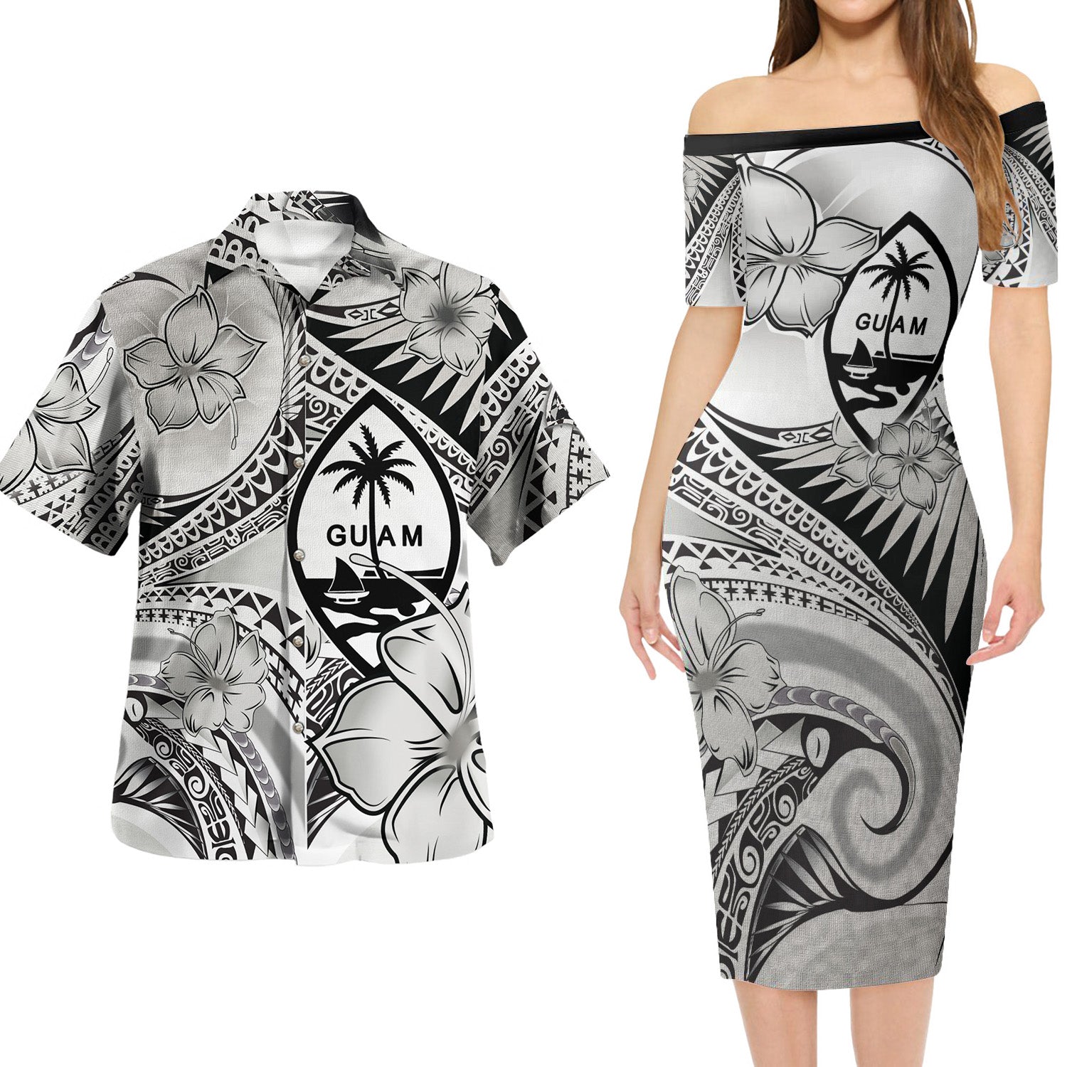 Guam Combo Short Sleeve Dress And Shirt Polynesian Tribal Waves Patterns Hibiscus Flowers