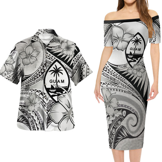 Guam Combo Short Sleeve Dress And Shirt Polynesian Tribal Waves Patterns Hibiscus Flowers