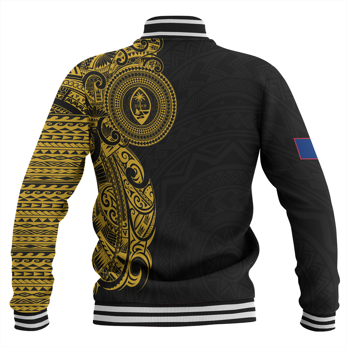 Guam Baseball Jacket Custom Polynesian Half Sleeve Gold Tattoo With Seal Black