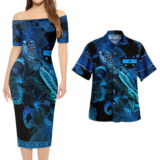 Gambier Islands Combo Short Sleeve Dress And Shirt Sea Turtle With Blooming Hibiscus Flowers Tribal Blue