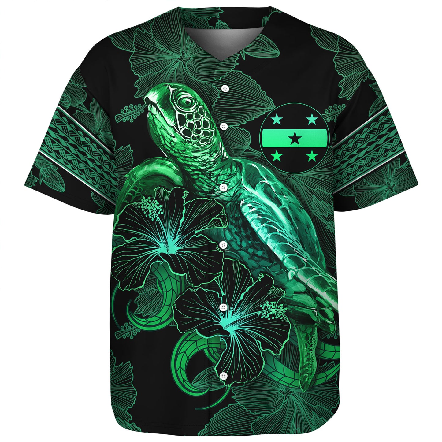 Gambier Islands Baseball Shirt  Sea Turtle With Blooming Hibiscus Flowers Tribal Green