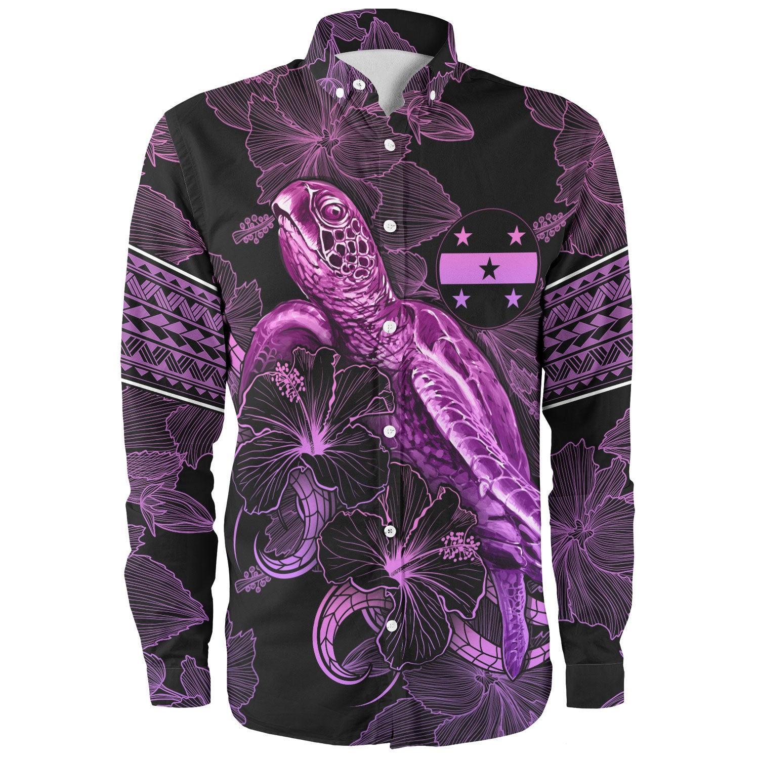 Gambier Islands Long Sleeve Shirt Sea Turtle With Blooming Hibiscus Flowers Tribal Purple