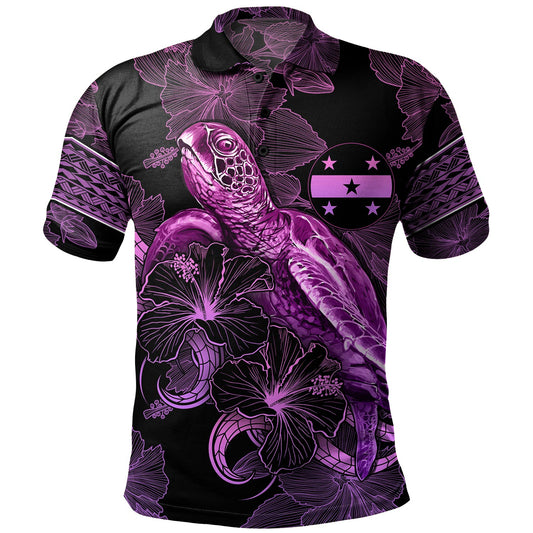 Gambier Islands Polo Shirt Sea Turtle With Blooming Hibiscus Flowers Tribal Purple