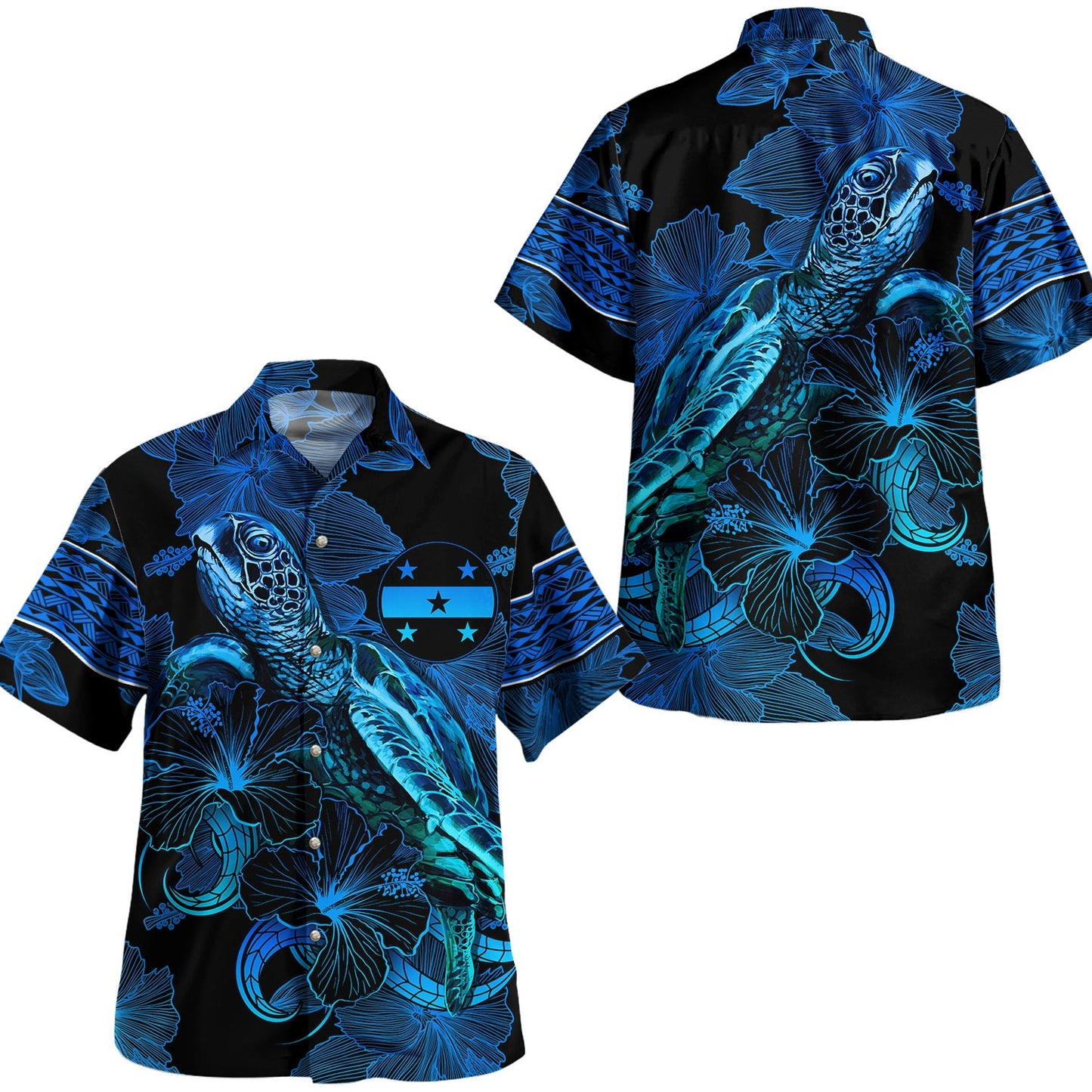Gambier Islands Combo Off Shoulder Long Dress And Shirt Sea Turtle With Blooming Hibiscus Flowers Tribal Blue
