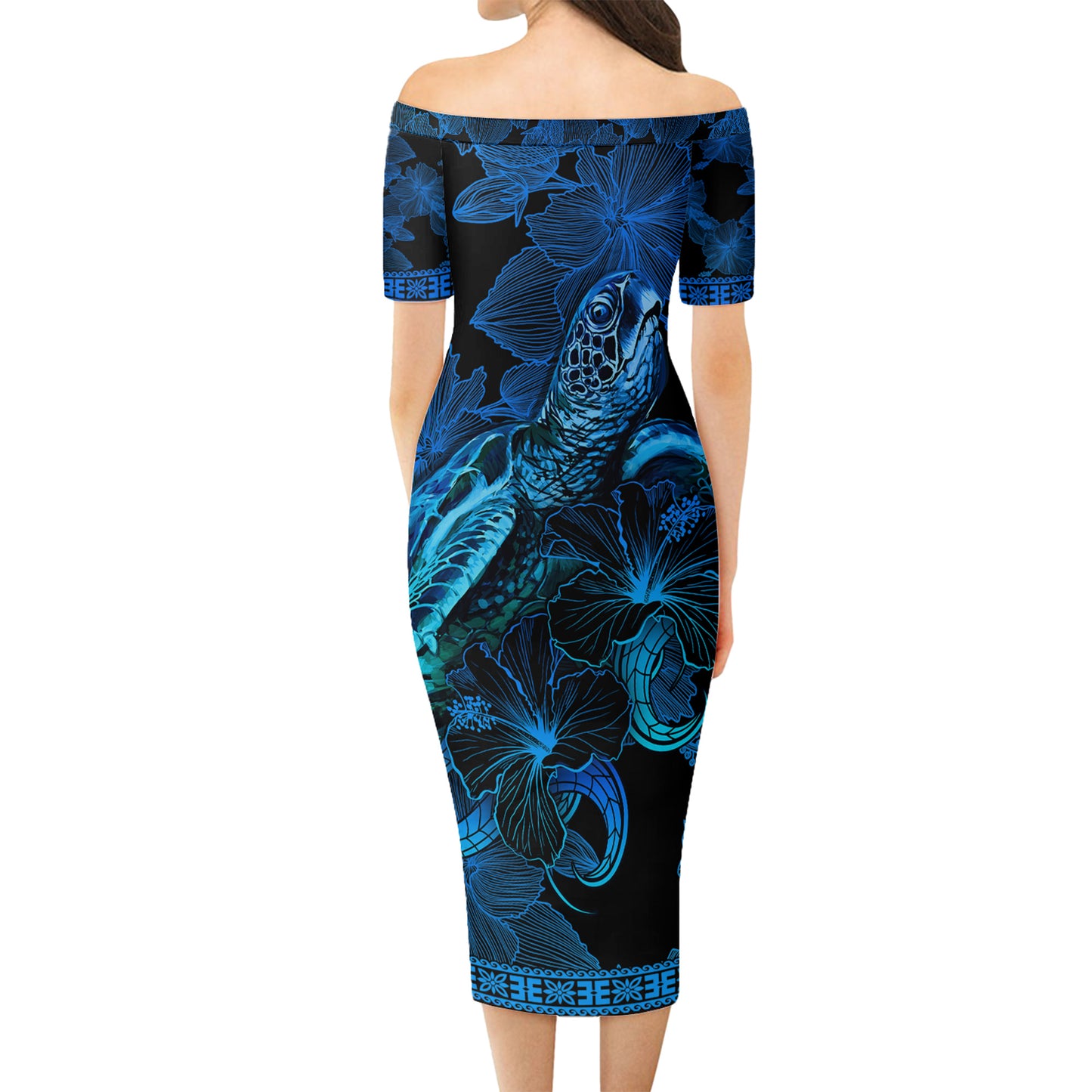 Gambier Islands Combo Short Sleeve Dress And Shirt Sea Turtle With Blooming Hibiscus Flowers Tribal Blue