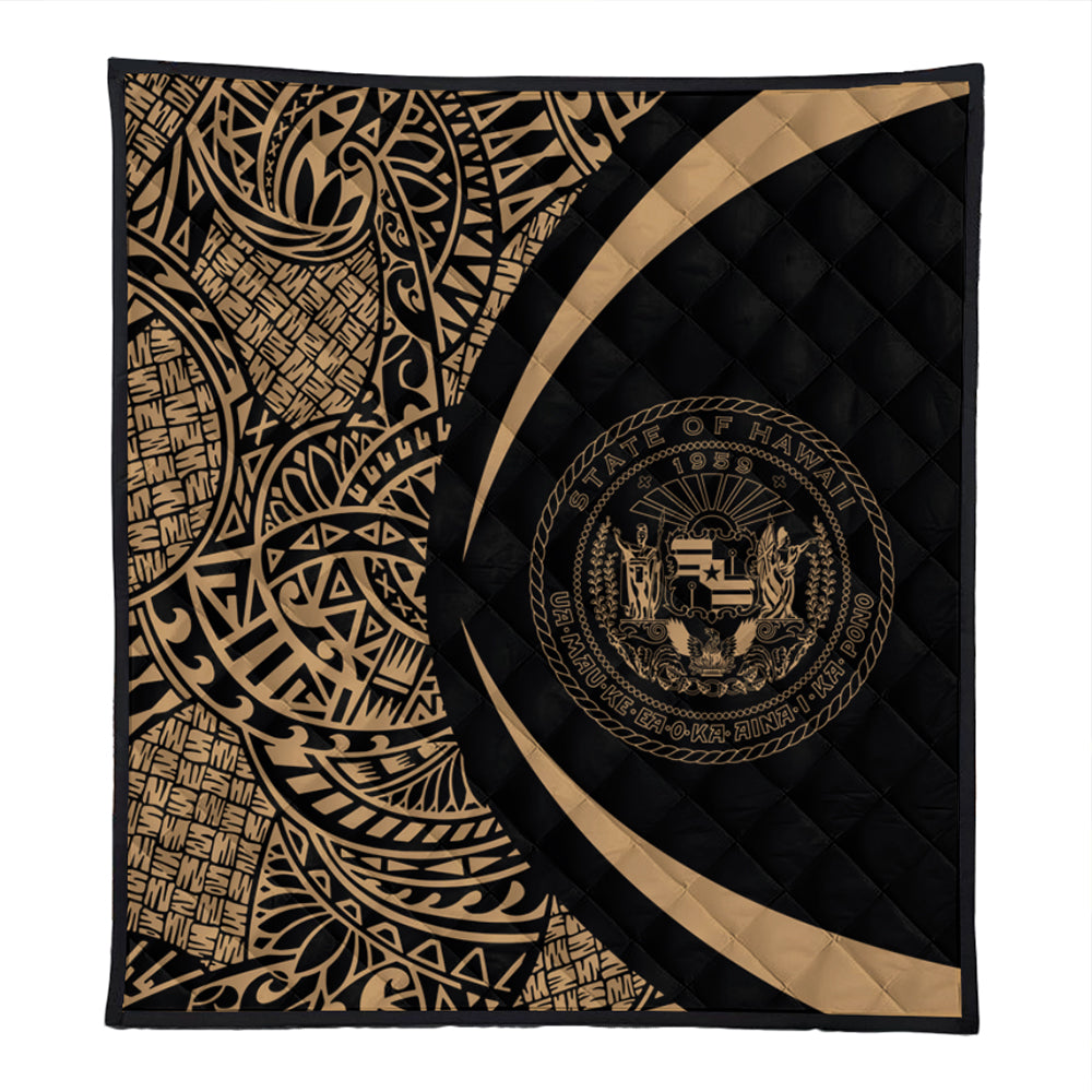 Hawaii Premium Quilt Coat Of Arm Lauhala Gold Circle