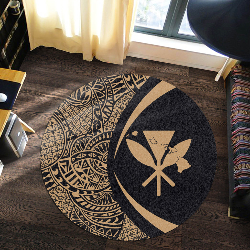 Hawaii Round Rug Kanaka Maoli Hawaiian Map Lauhala Gold Circle