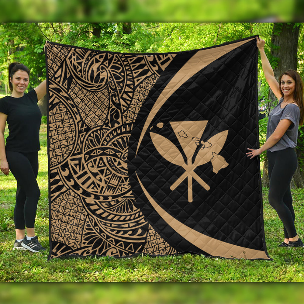 Hawaii Premium Quilt Kanaka Maoli Hawaiian Map Lauhala Gold Circle