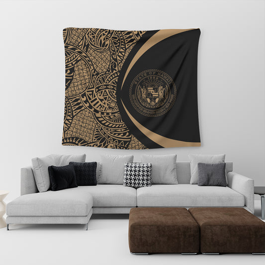 Hawaii Tapestry Coat Of Arm Lauhala Gold Circle