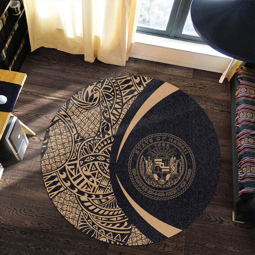 Hawaii Round Rug Coat Of Arm Lauhala Gold Circle