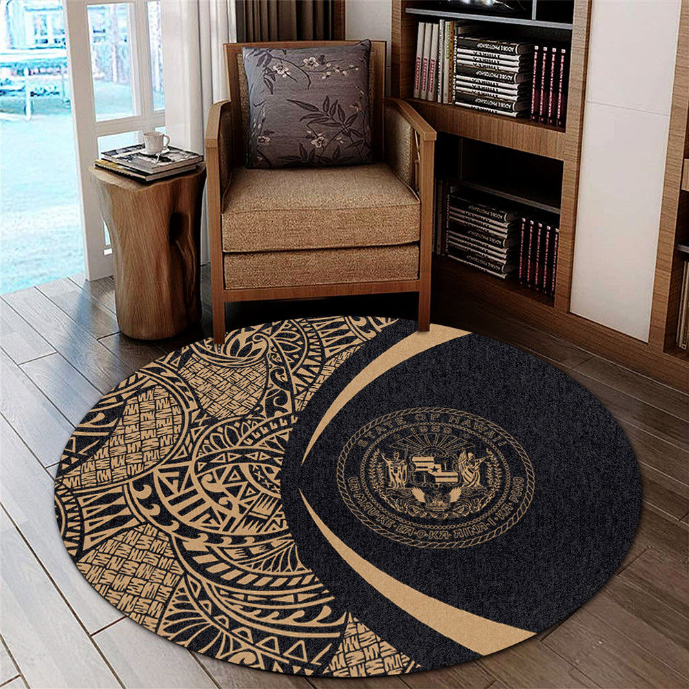 Hawaii Round Rug Coat Of Arm Lauhala Gold Circle