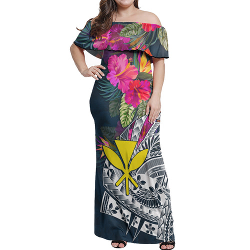 Hawaii Woman Off Shoulder Long Dress Polynesian Summer Vibes