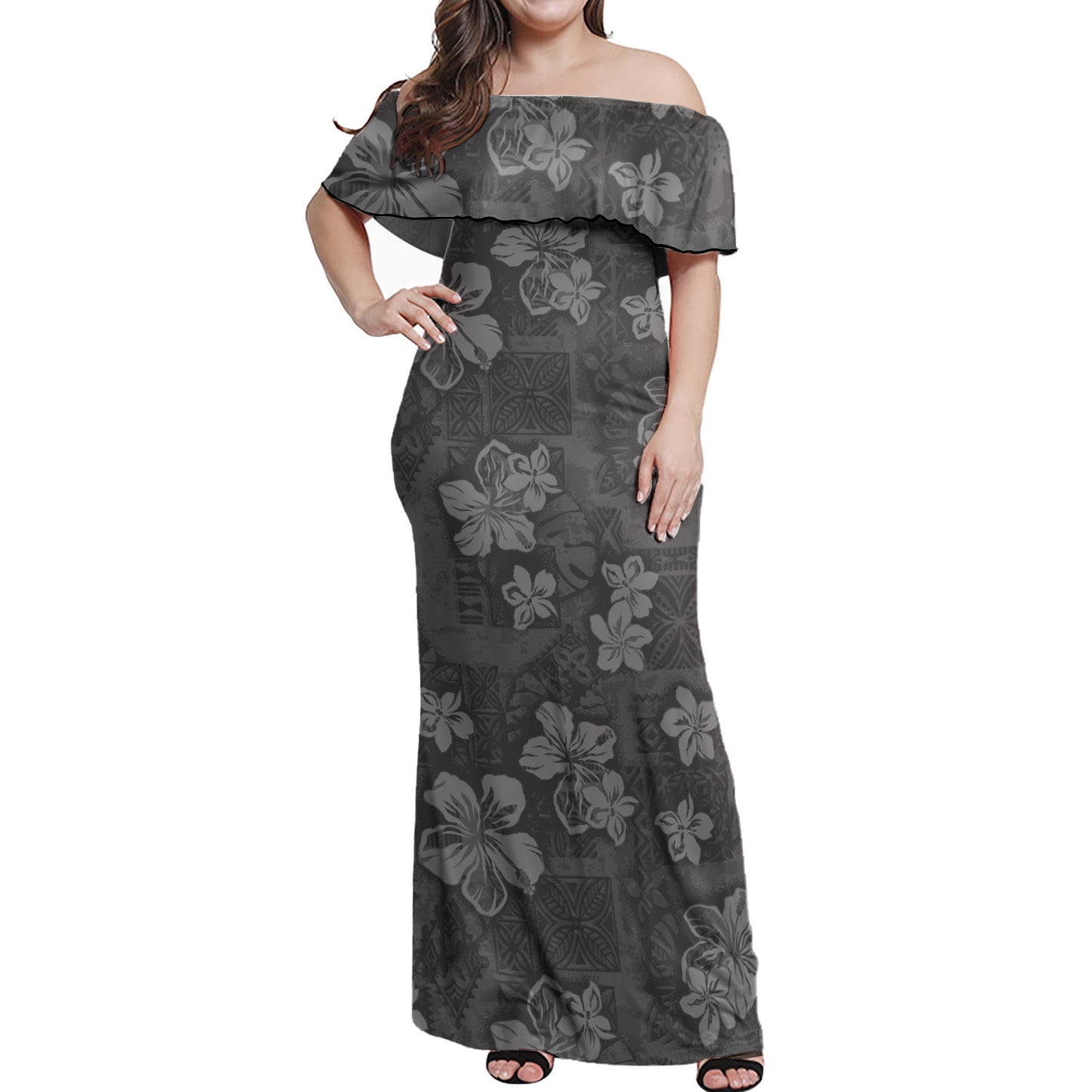 Hawaii Woman Off Shoulder Long Dress Polynesian Tribal And Hibiscus Vintage