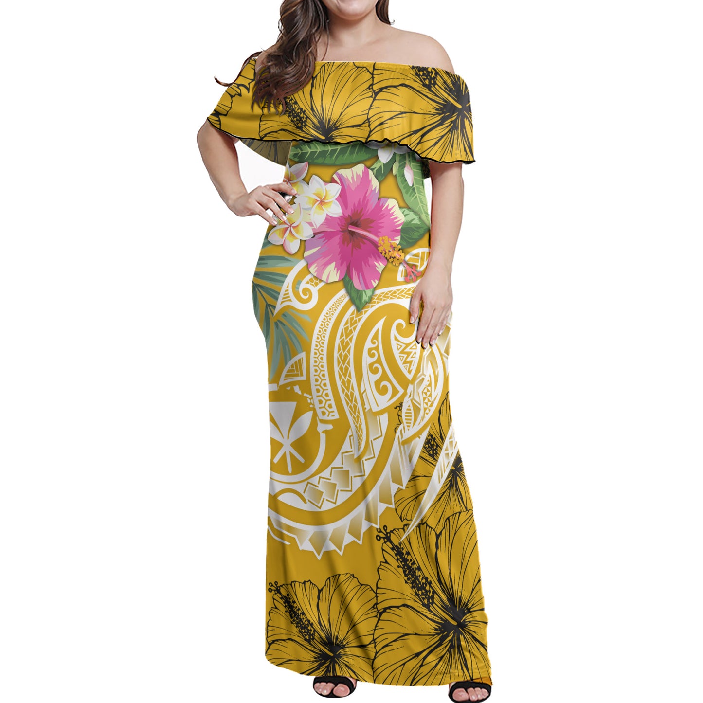Hawaii Off Shoulder Long Dress Summer Plumeria