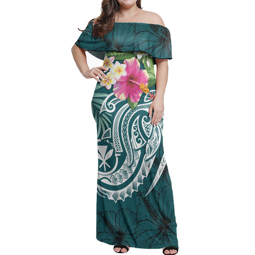 Hawaii Off Shoulder Long Dress Summer Plumeria